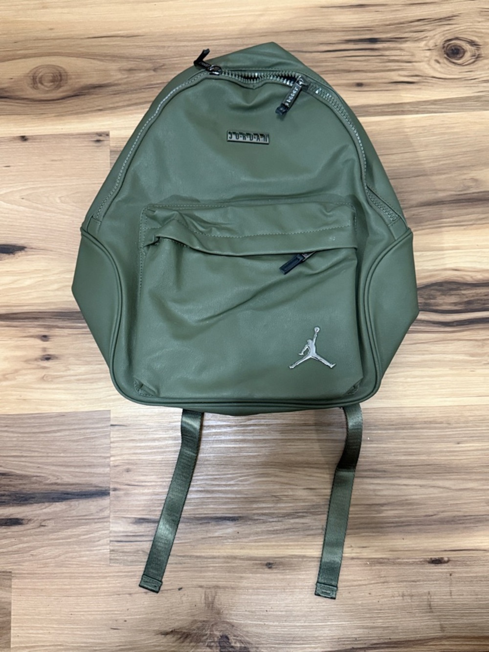 Jordan Olive Green Leather-Look Backpack with Silver Jumpman